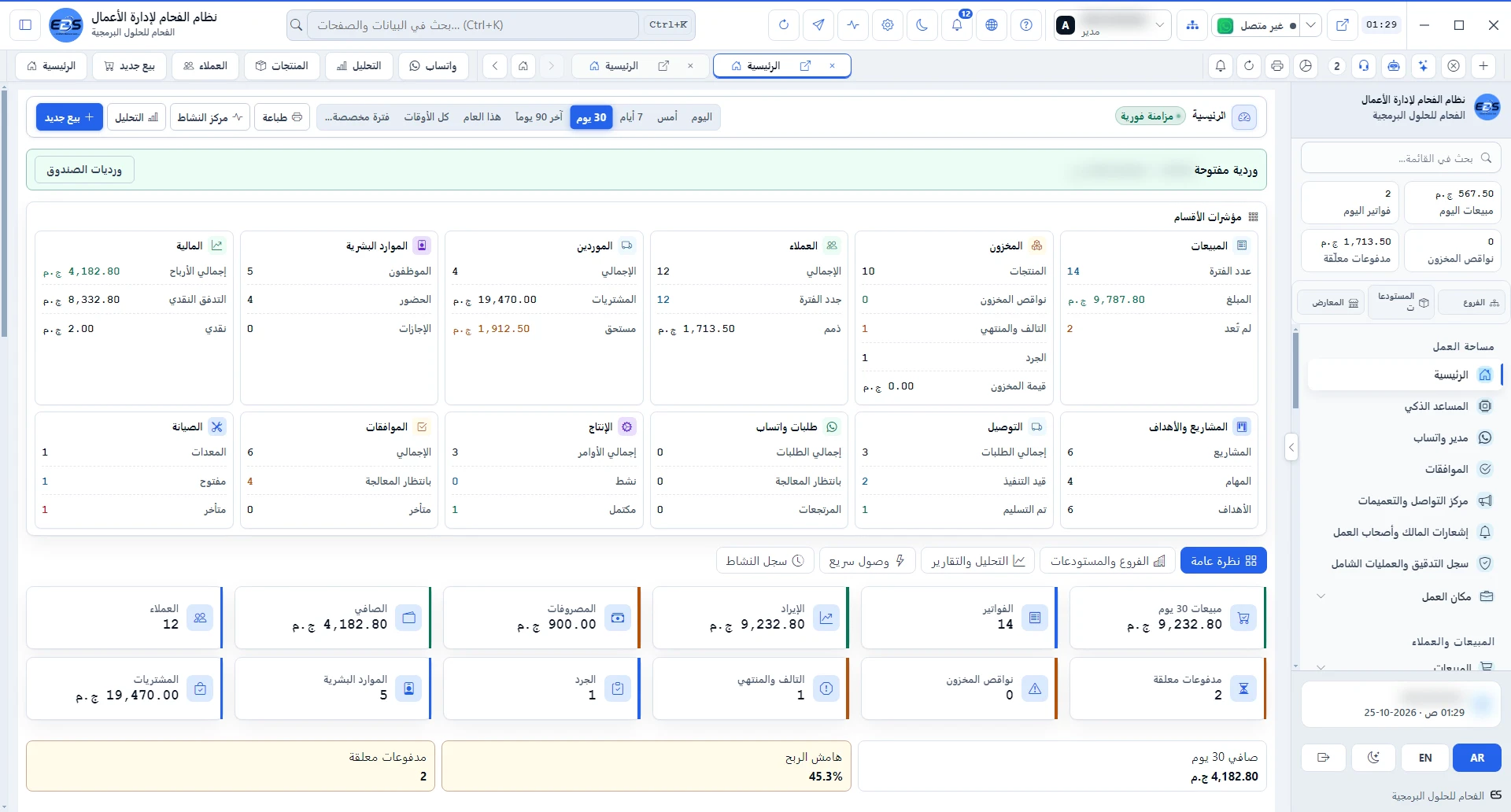 لوحة تحكم حزمة أعمال الفحام (إدارة المبيعات والمخازن والمالية وواتساب)
