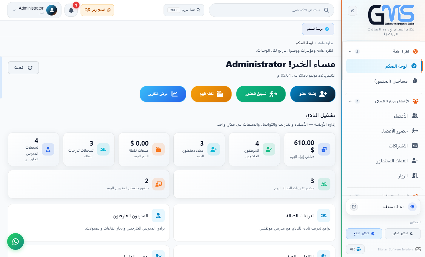 لوحة التحكم - مؤشرات ومركز الوحدات